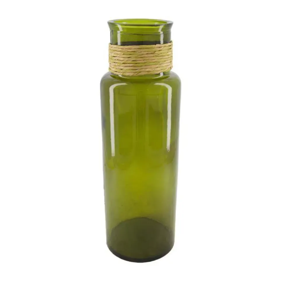 Vase vert olive en verre recyclé et raphia - Ø 15 x H 45 cm
