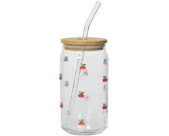 Verre à paille en verre transparent à motif cerises et couvercle - Ø 7,4 x H 14 cm