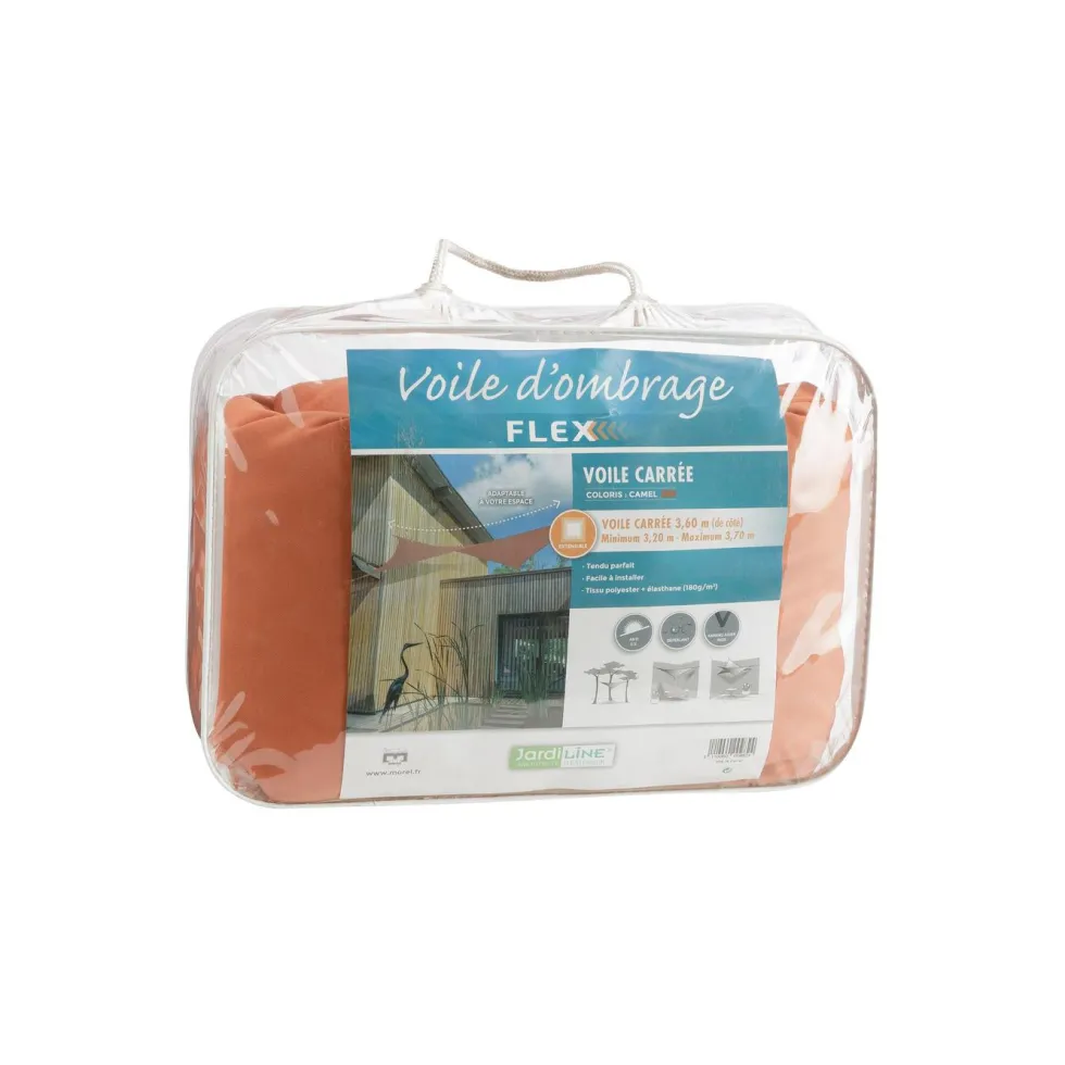 Voile ombrage camel 3,6 m carré extensible